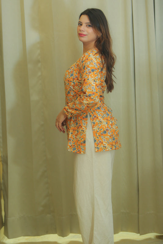 Sunflower Yellow Floral Print Cotton Top for Women