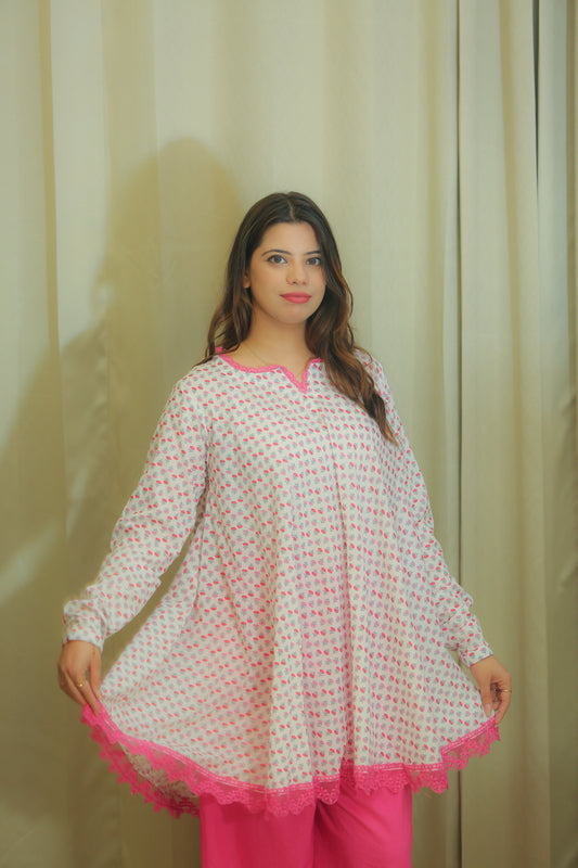 White & Pink Floral Print Kurta Set for Women with Straight Trousers