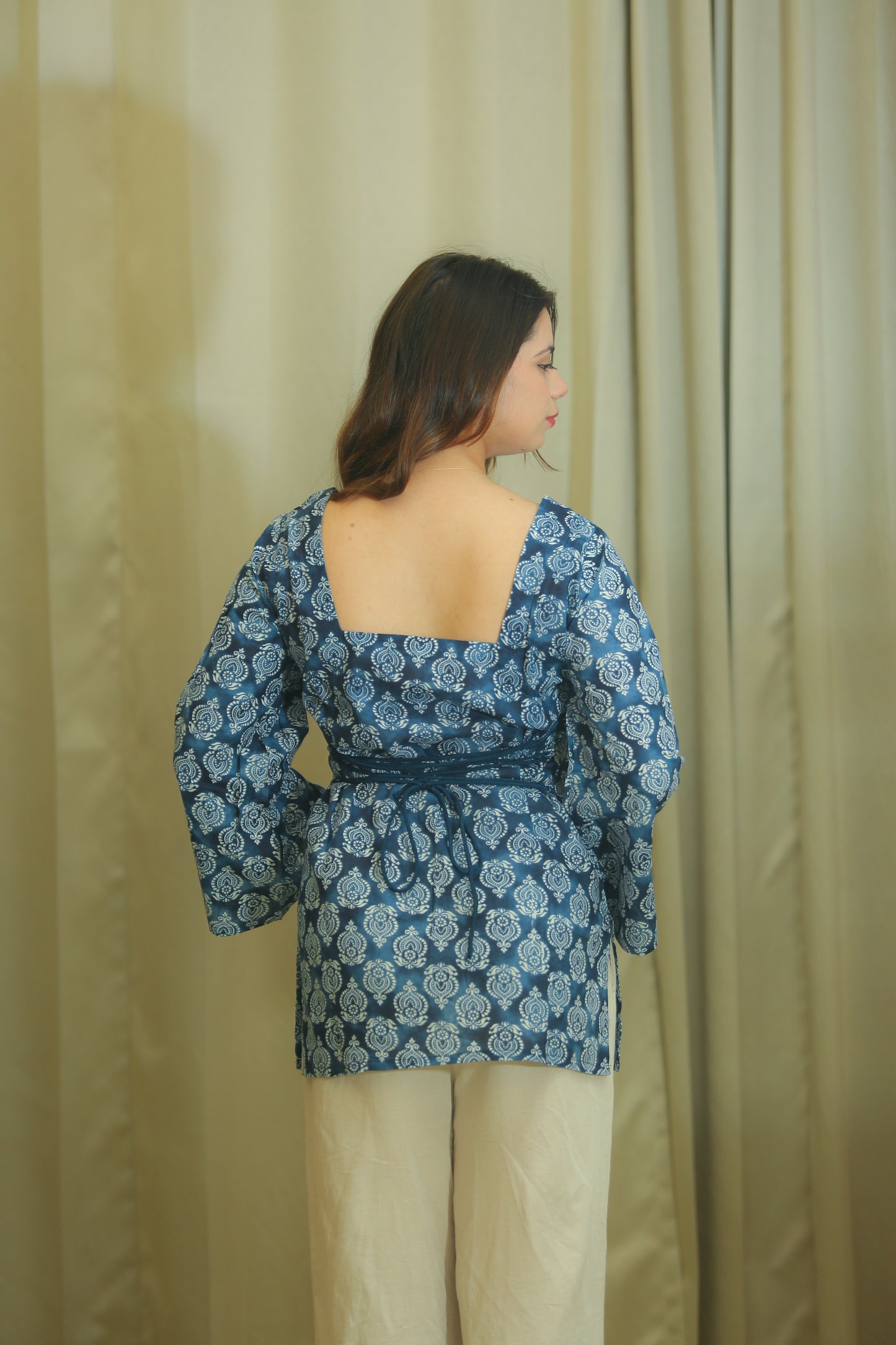 Indigo Floral Print Square Neck Cotton kurti Top for Women