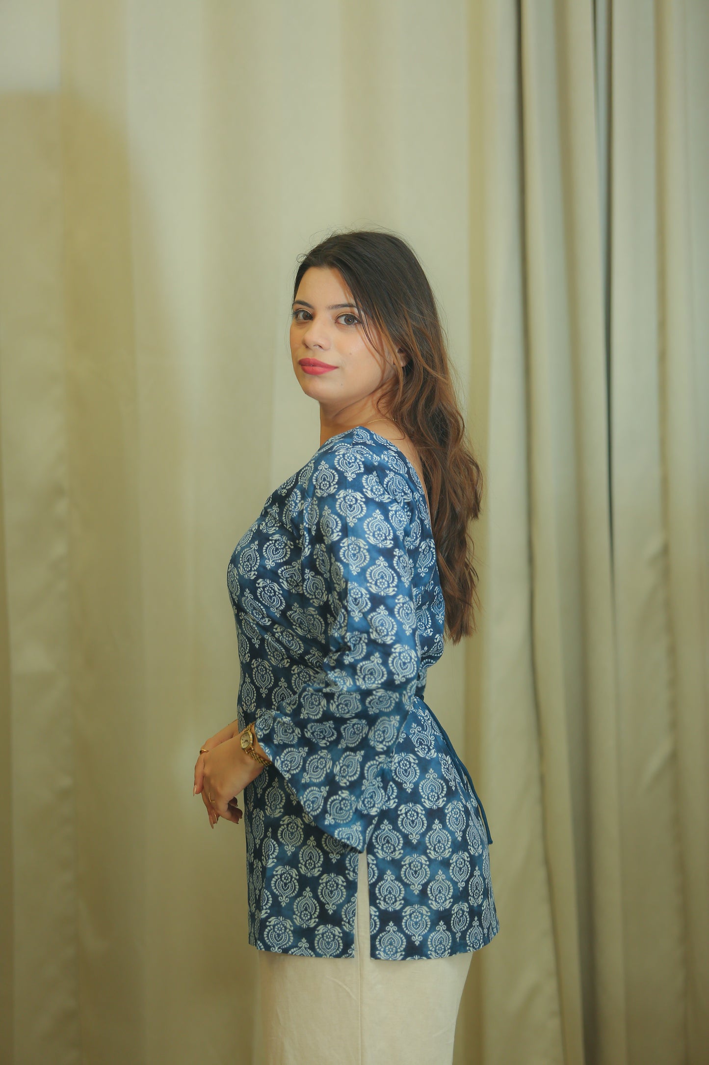 Indigo Floral Print Square Neck Cotton kurti Top for Women