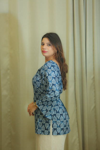 Indigo Floral Print Square Neck Cotton kurti Top for Women