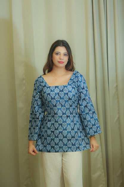 Indigo Floral Print Square Neck Cotton kurti Top for Women