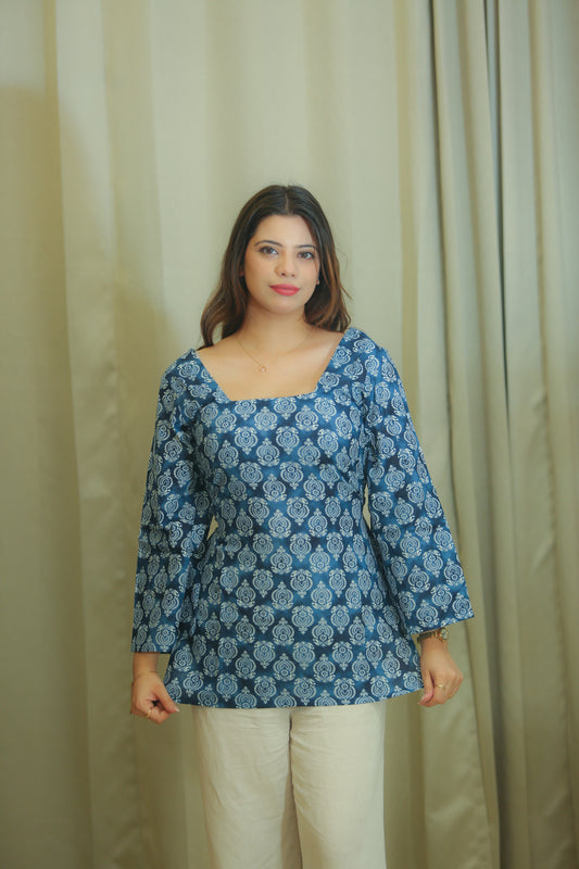 Indigo Floral Print Square Neck Cotton kurti Top for Women