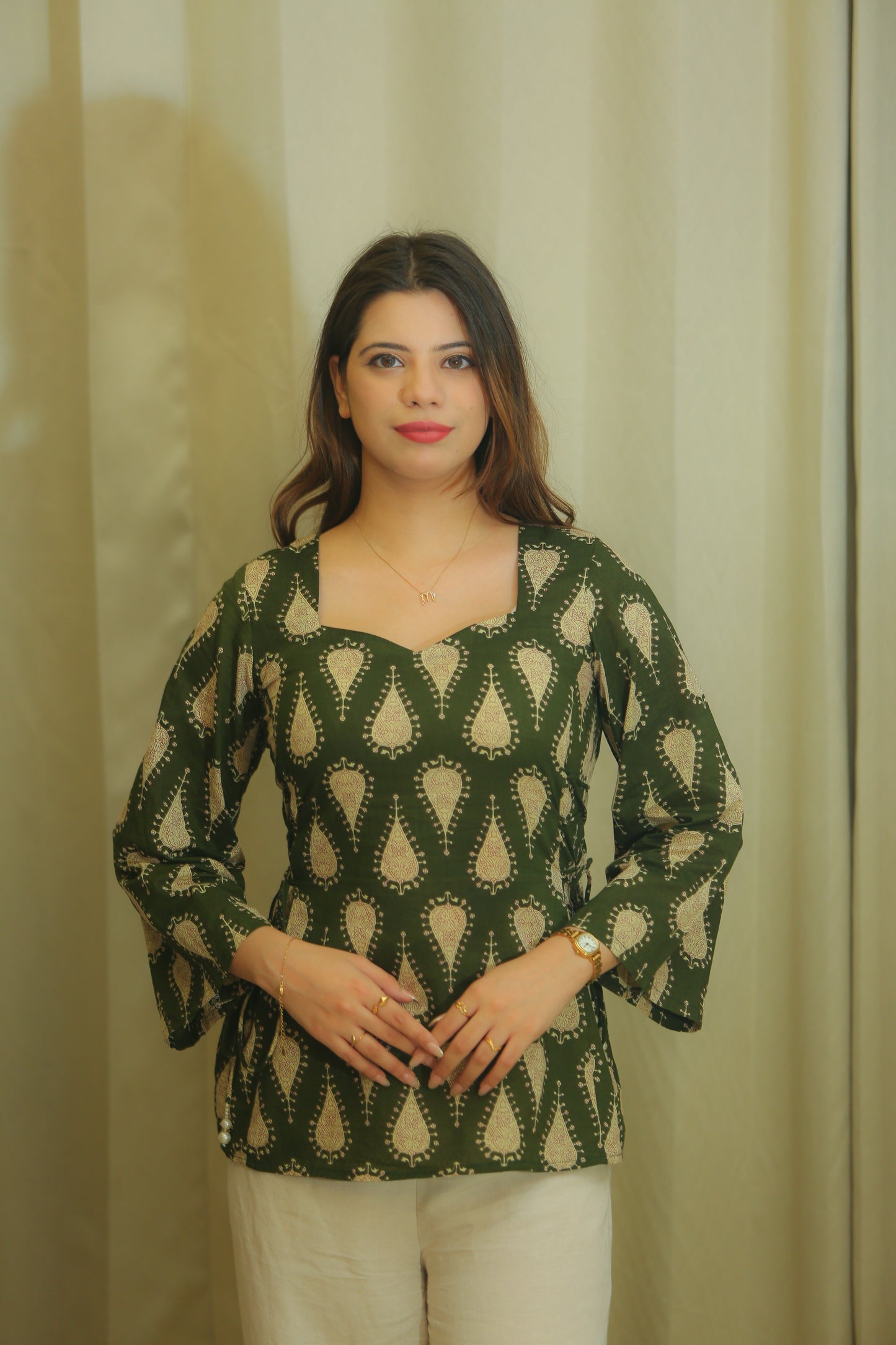 Forest Green Paisley Print Tie-Up Cotton Top for Women