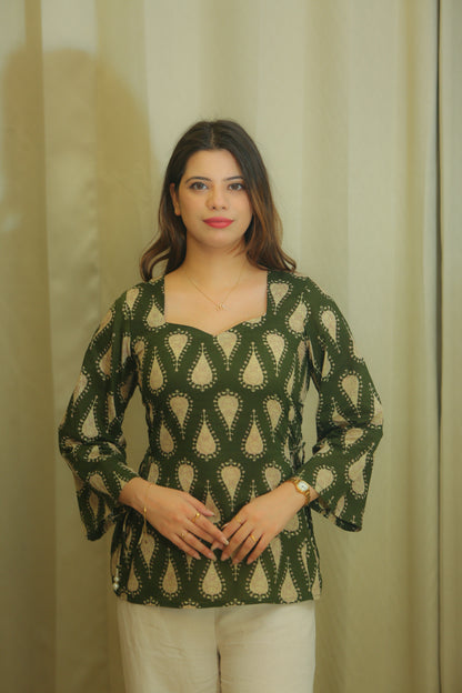 Forest Green Paisley Print Tie-Up Cotton Top for Women