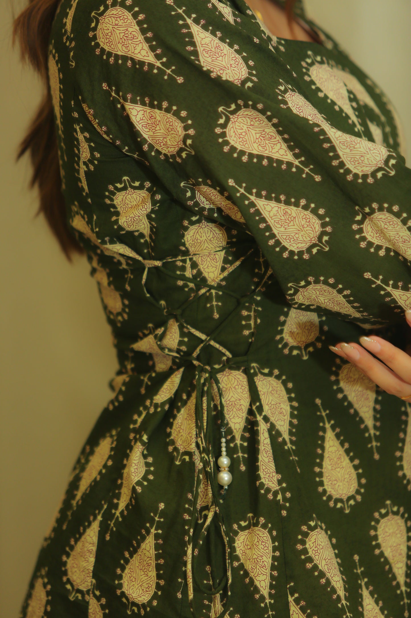 Forest Green Paisley Print Tie-Up Cotton Top for Women
