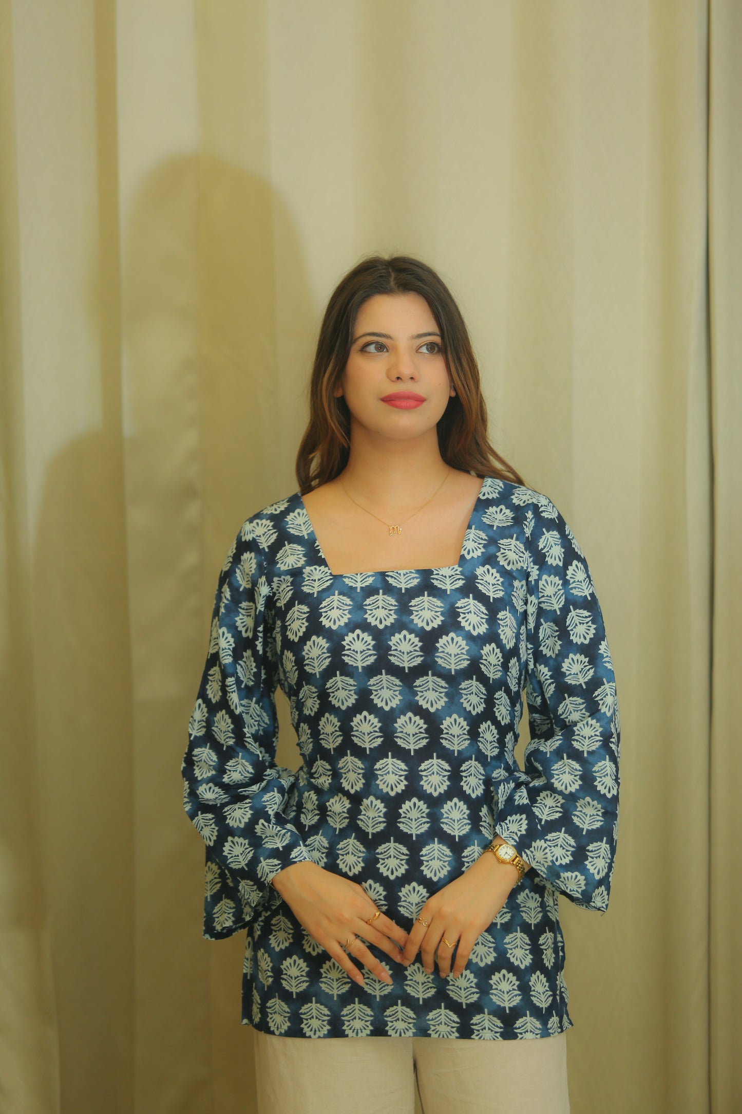 Indigo Blue Floral Print Square Neck Cotton Top for Women