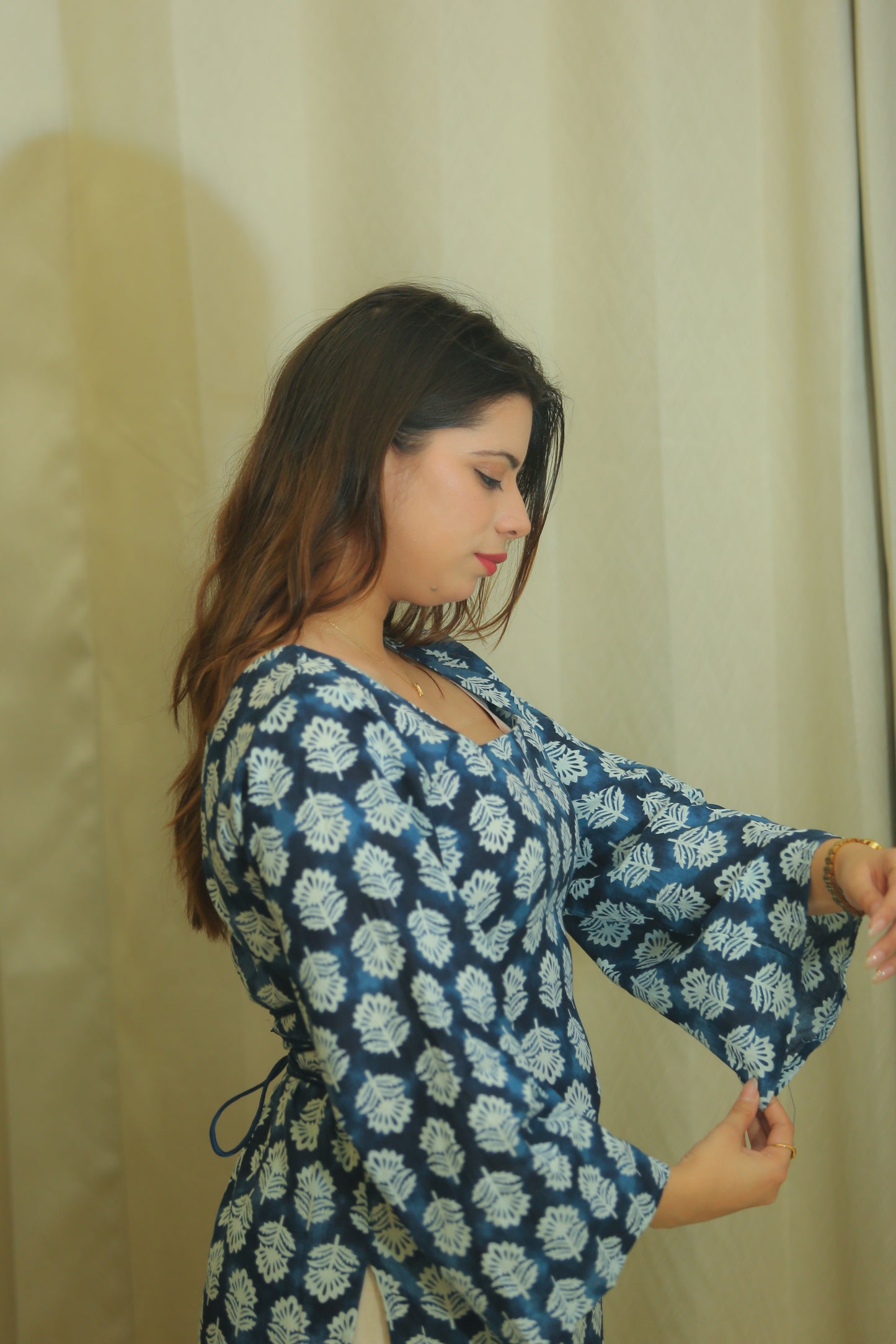 Indigo Blue Floral Print Square Neck Cotton Top for Women