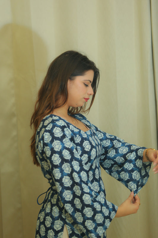 Indigo Blue Floral Print Square Neck Cotton Top for Women