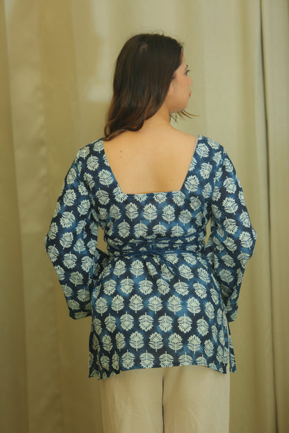 Indigo Blue Floral Print Square Neck Cotton Top for Women