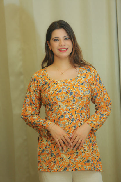Sunflower Yellow Floral Print Cotton Top for Women