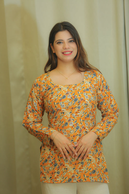 Sunflower Yellow Floral Print Cotton Top for Women