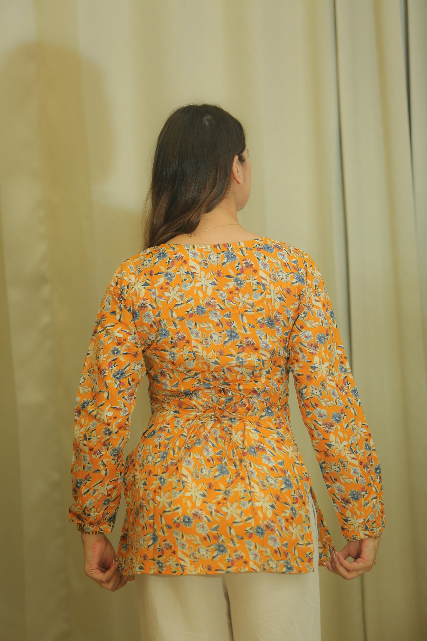 Sunflower Yellow Floral Print Cotton Top for Women