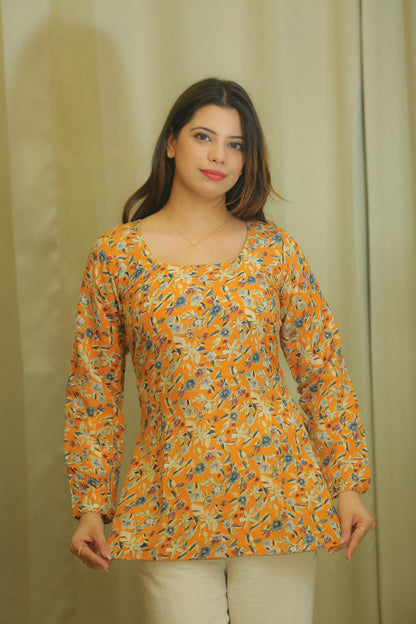 Sunflower Yellow Floral Print Cotton Top for Women