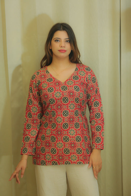 Ruby Red Geometric Print V-Neck Cotton Top for Women