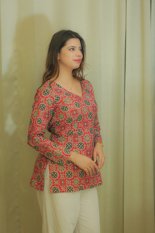 Ruby Red Geometric Print V-Neck Cotton Top for Women