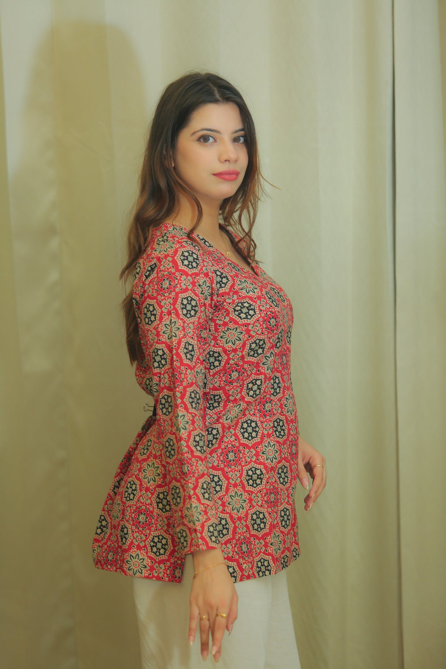 Ruby Red Geometric Print V-Neck Cotton Top for Women