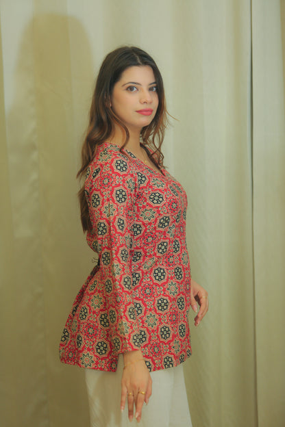 Ruby Red Geometric Print V-Neck Cotton Top for Women