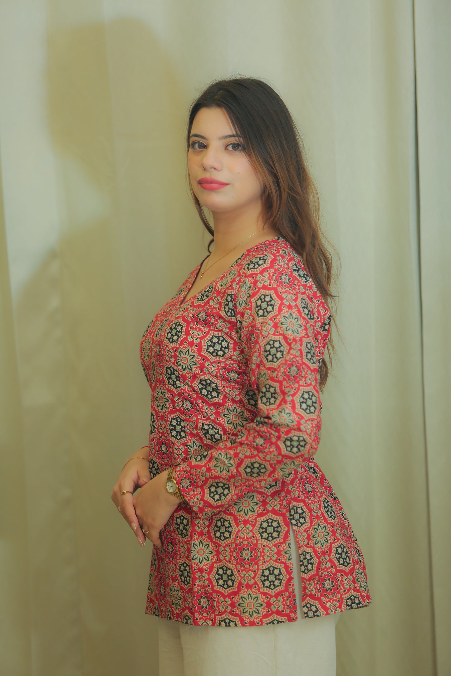 Ruby Red Geometric Print V-Neck Cotton Top for Women