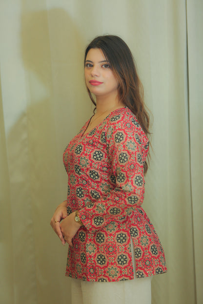 Ruby Red Geometric Print V-Neck Cotton Top for Women