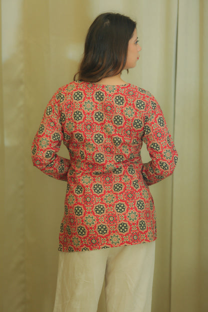 Ruby Red Geometric Print V-Neck Cotton Top for Women