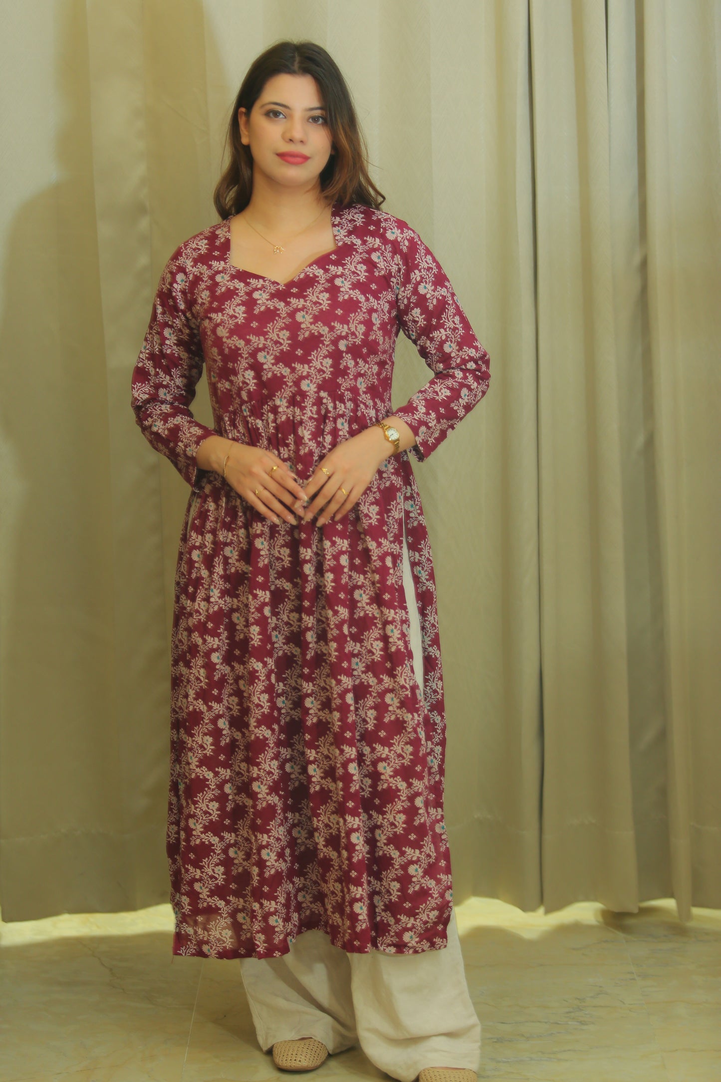 Wine Floral Print Anarkali Kurta for Women – Sweetheart Neck & Full Sleeves