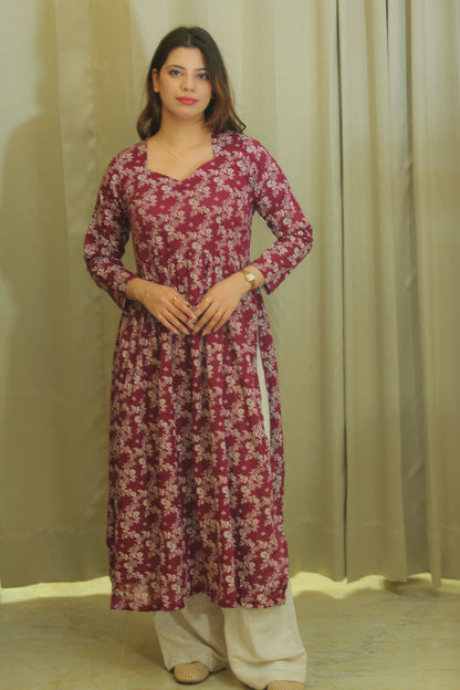 Wine Floral Print Anarkali Kurta for Women – Sweetheart Neck & Full Sleeves