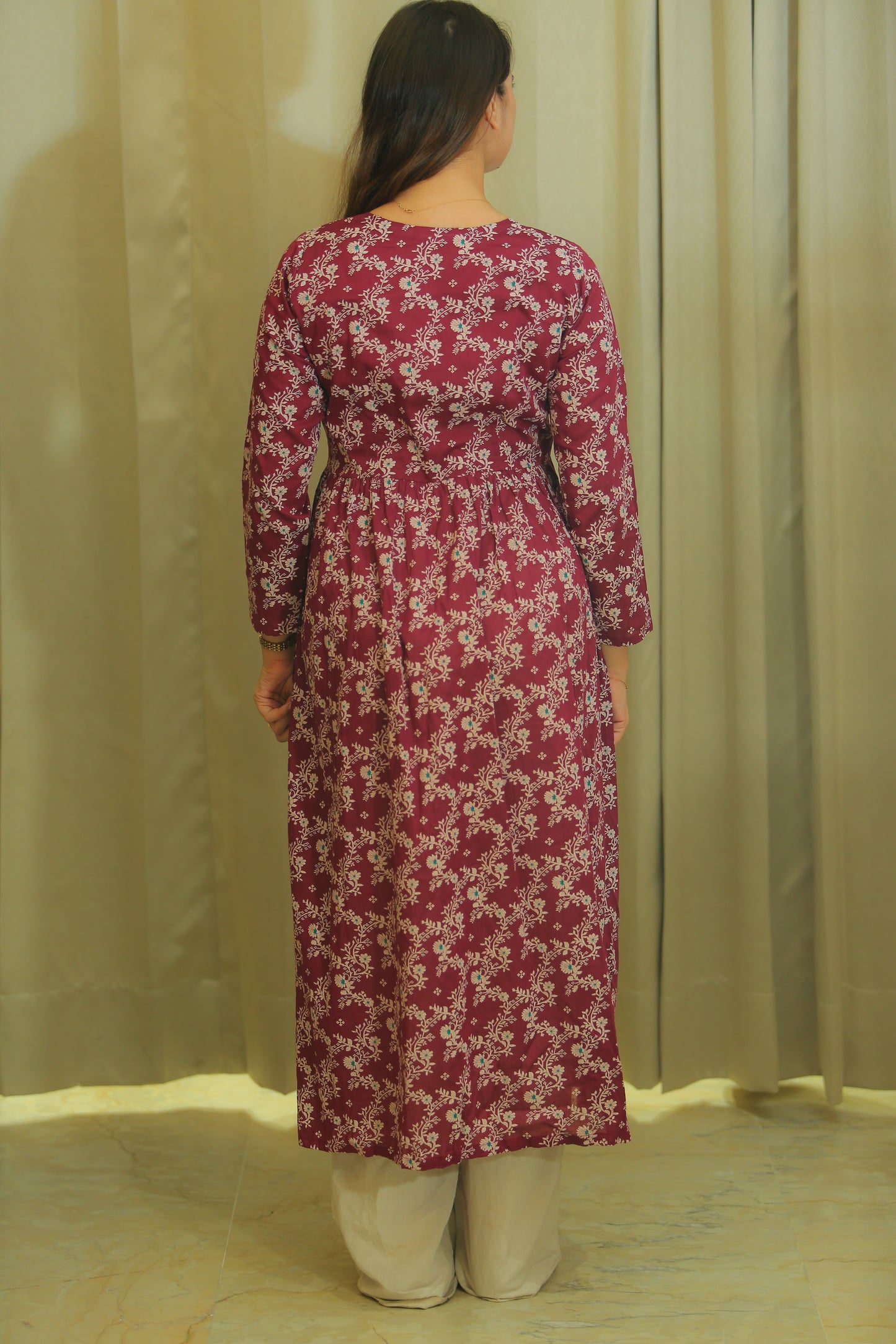 Wine Floral Print Anarkali Kurta for Women – Sweetheart Neck & Full Sleeves