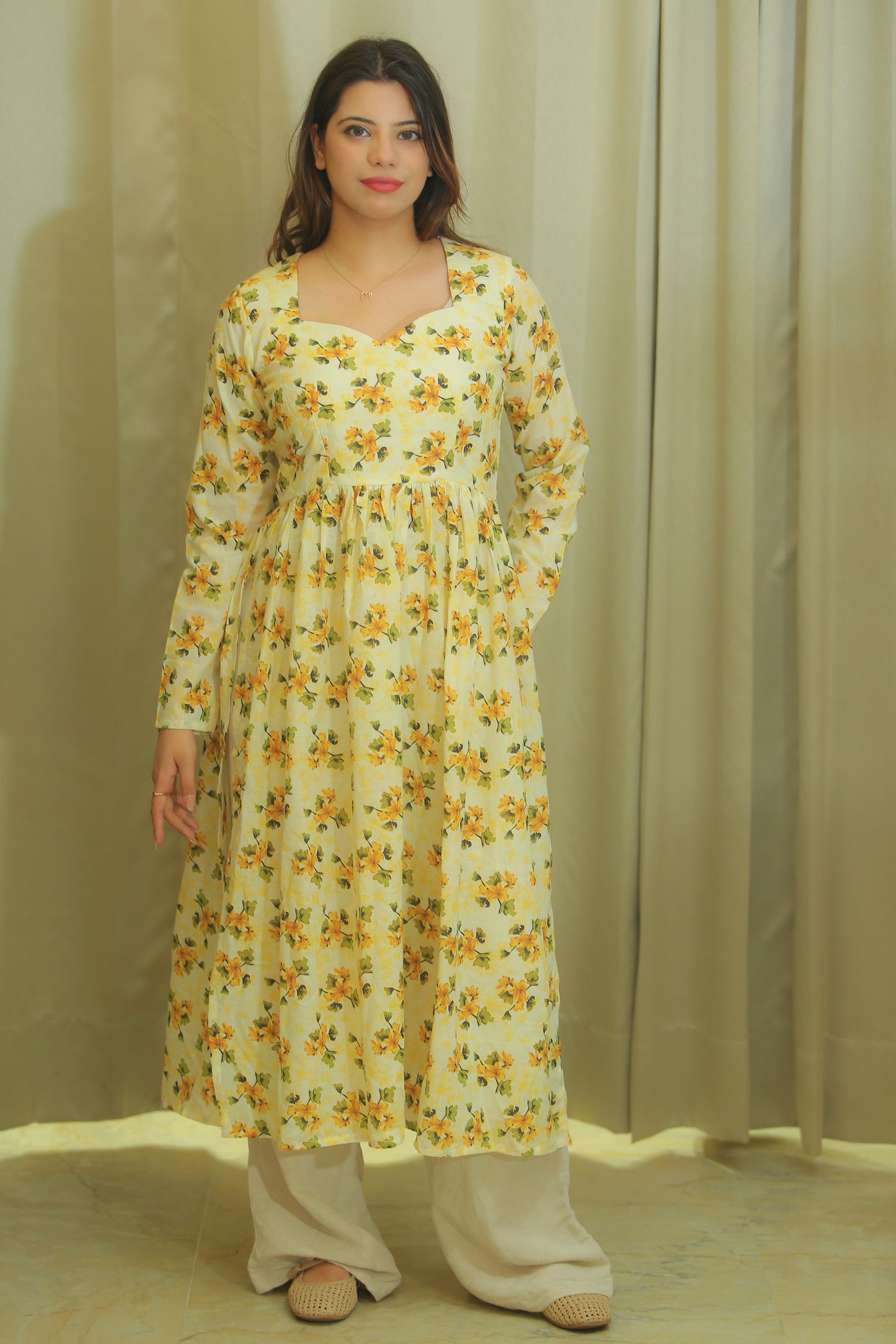Butter Yellow Floral Print Anarkali Kurta for Women – Sweetheart Neck & Full Sleeves