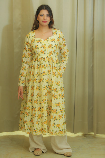 Butter Yellow Floral Print Anarkali Kurta for Women – Sweetheart Neck & Full Sleeves