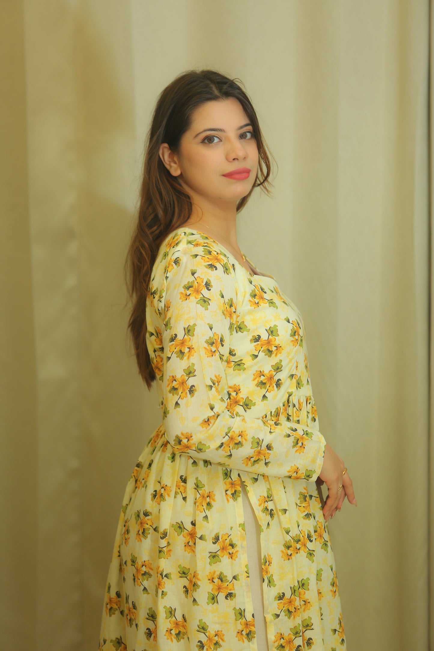 Butter Yellow Floral Print Anarkali Kurta for Women – Sweetheart Neck & Full Sleeves