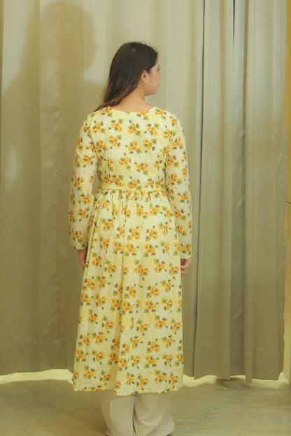 Butter Yellow Floral Print Anarkali Kurta for Women – Sweetheart Neck & Full Sleeves