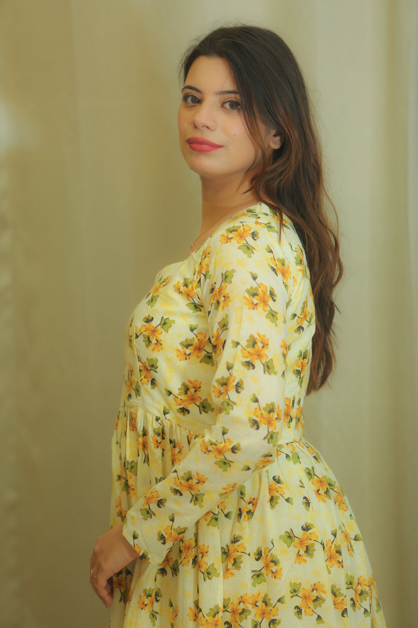 Butter Yellow Floral Print Anarkali Kurta for Women – Sweetheart Neck & Full Sleeves