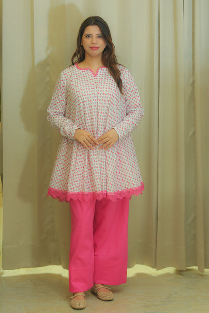 White & Pink Floral Print Kurta Set for Women with Straight Trousers