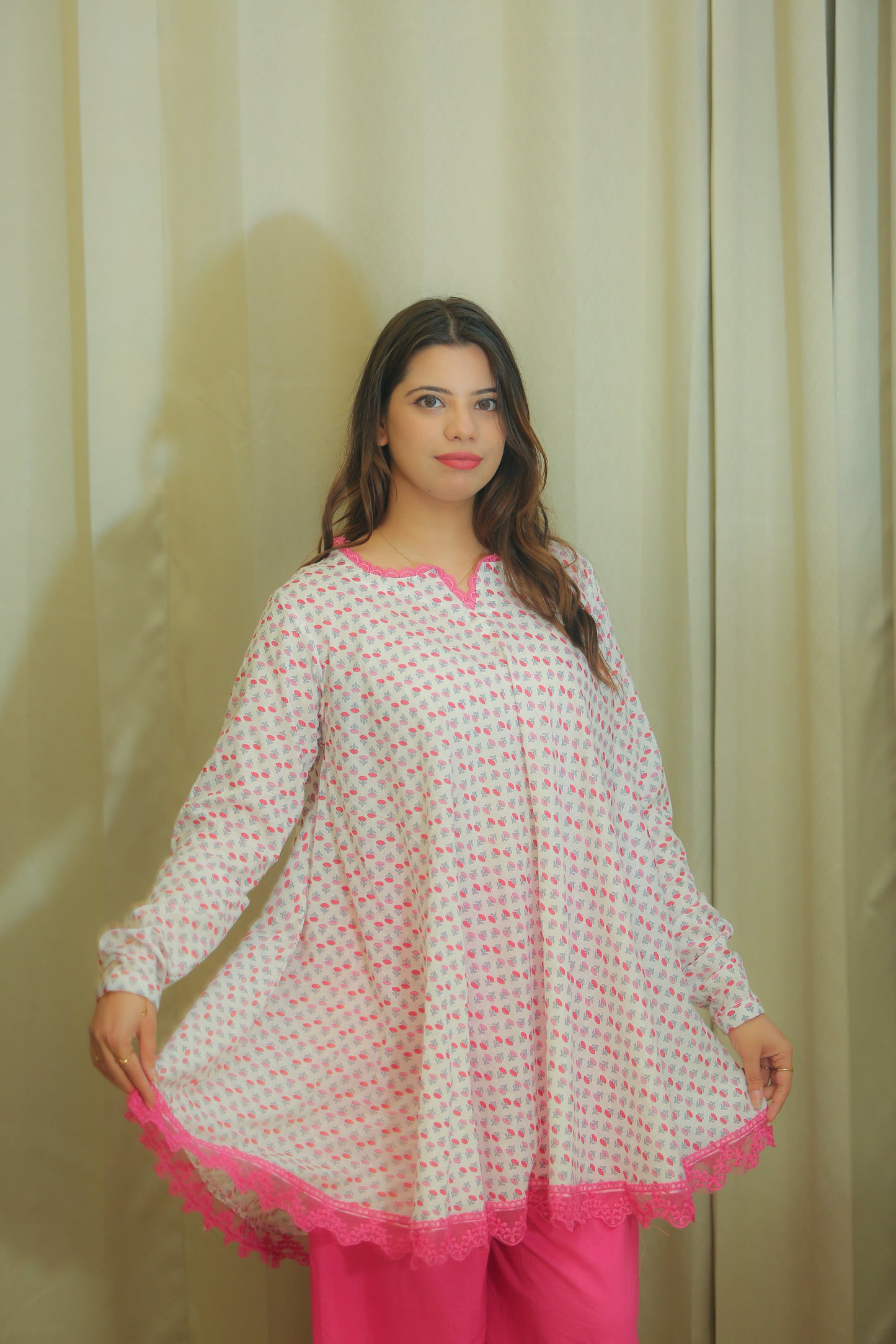 White & Pink Floral Print Kurta Set for Women with Straight Trousers