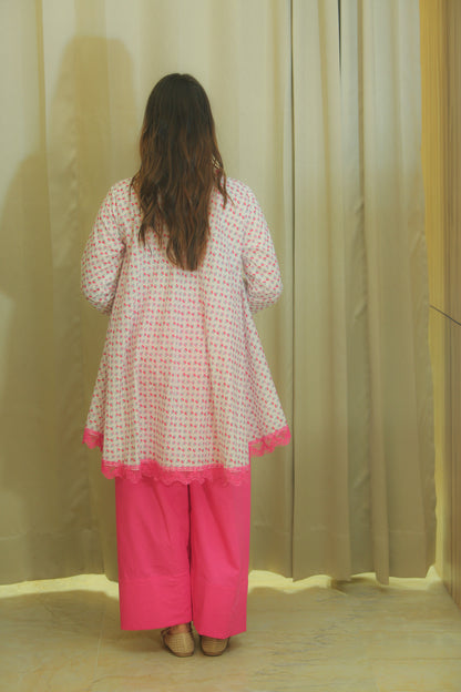 White & Pink Floral Print Kurta Set for Women with Straight Trousers