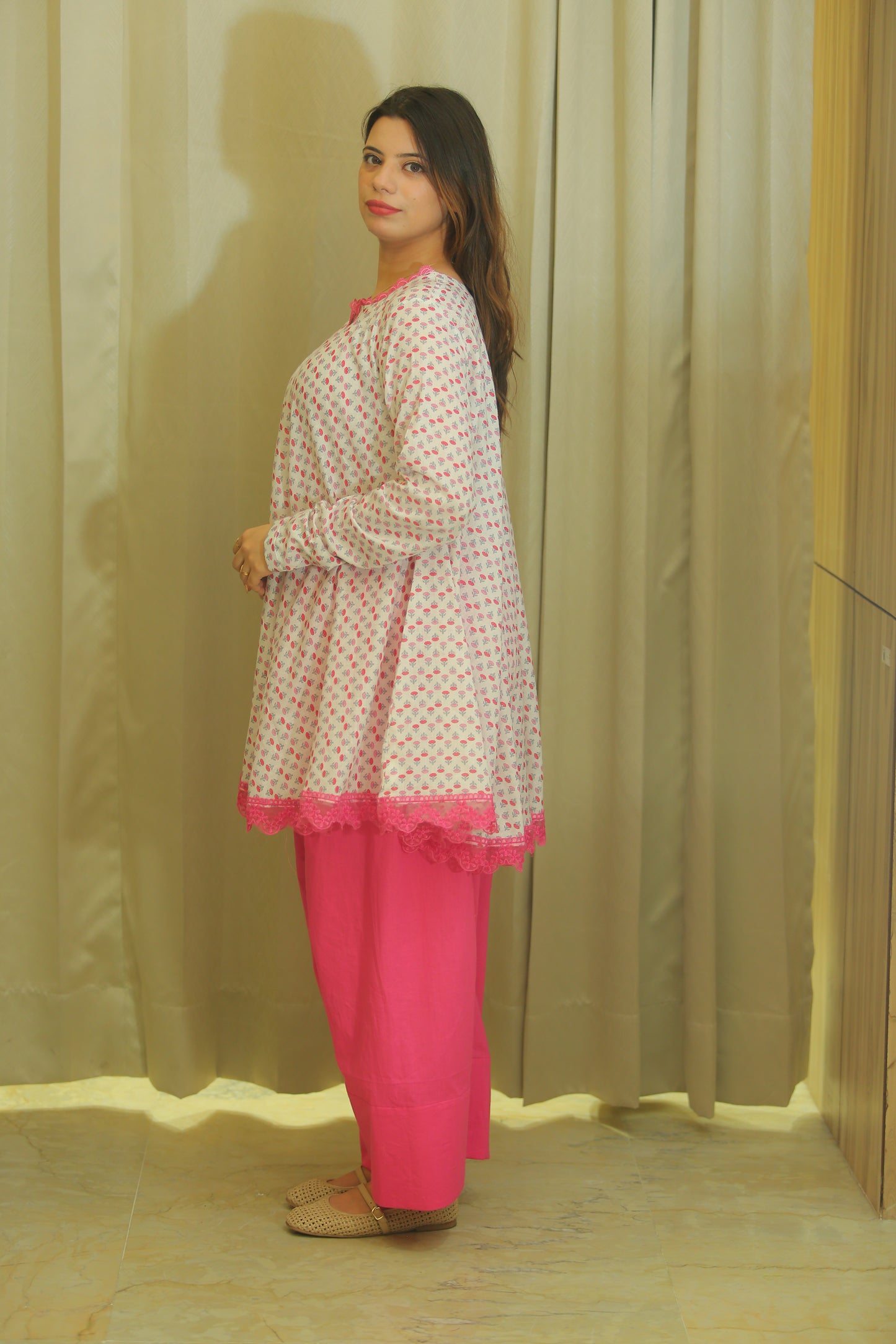 White & Pink Floral Print Kurta Set for Women with Straight Trousers