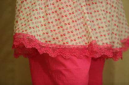 White & Pink Floral Print Kurta Set for Women with Straight Trousers