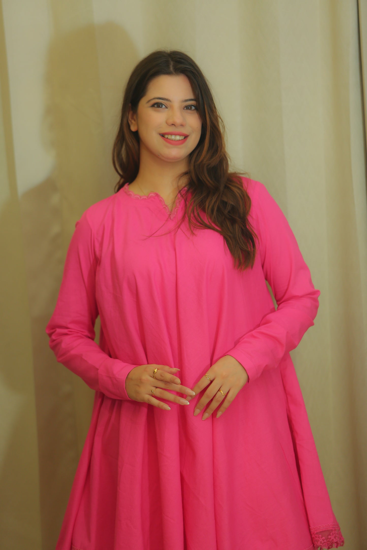 Hot Pink Flared Kurta Set for Women with Straight Trousers