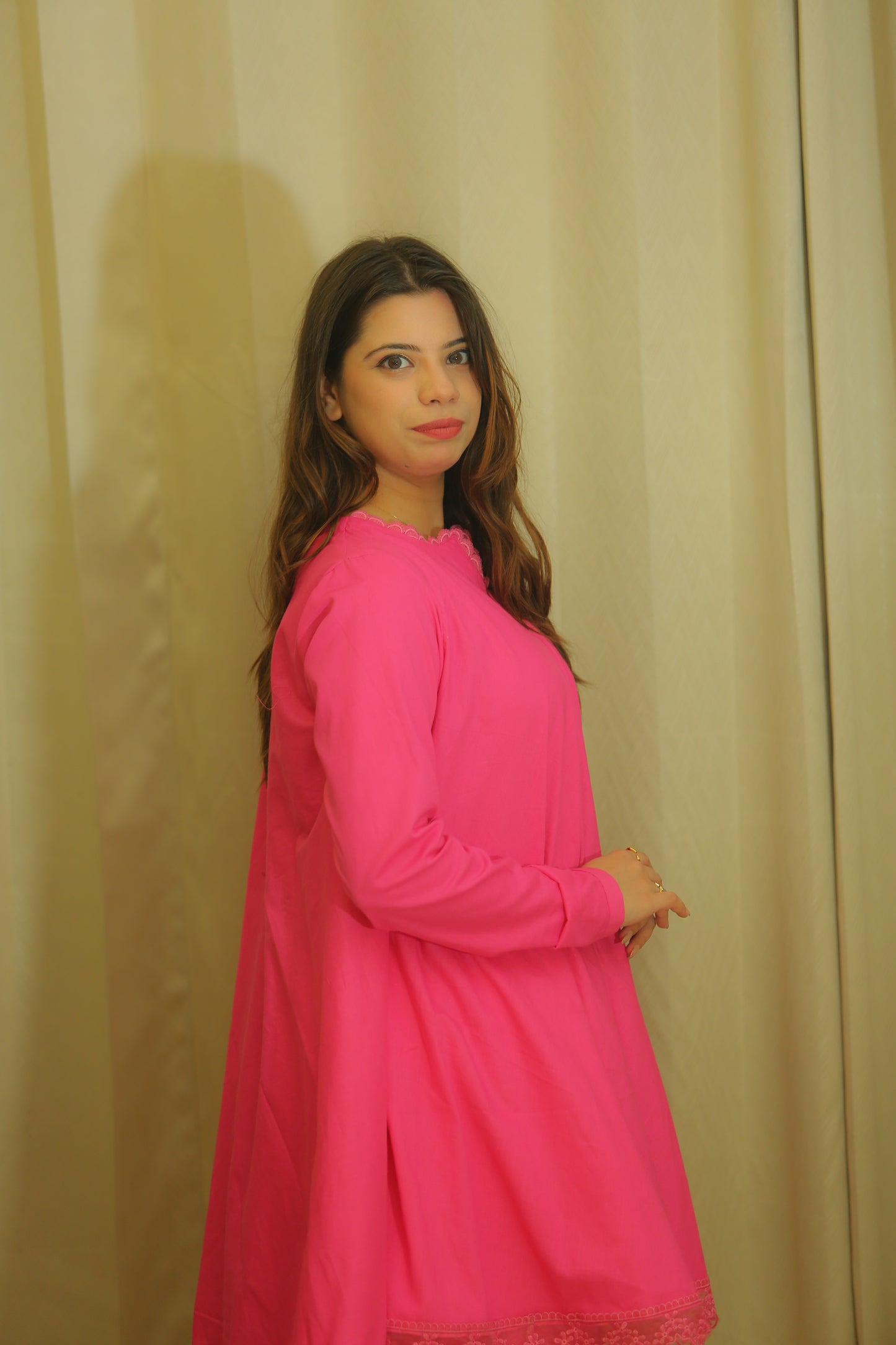 Hot Pink Flared Kurta Set for Women with Straight Trousers