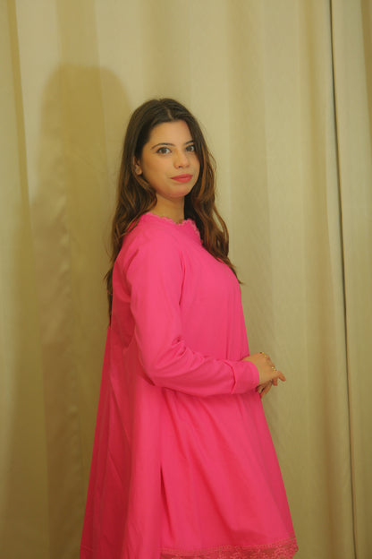Hot Pink Flared Kurta Set for Women with Straight Trousers