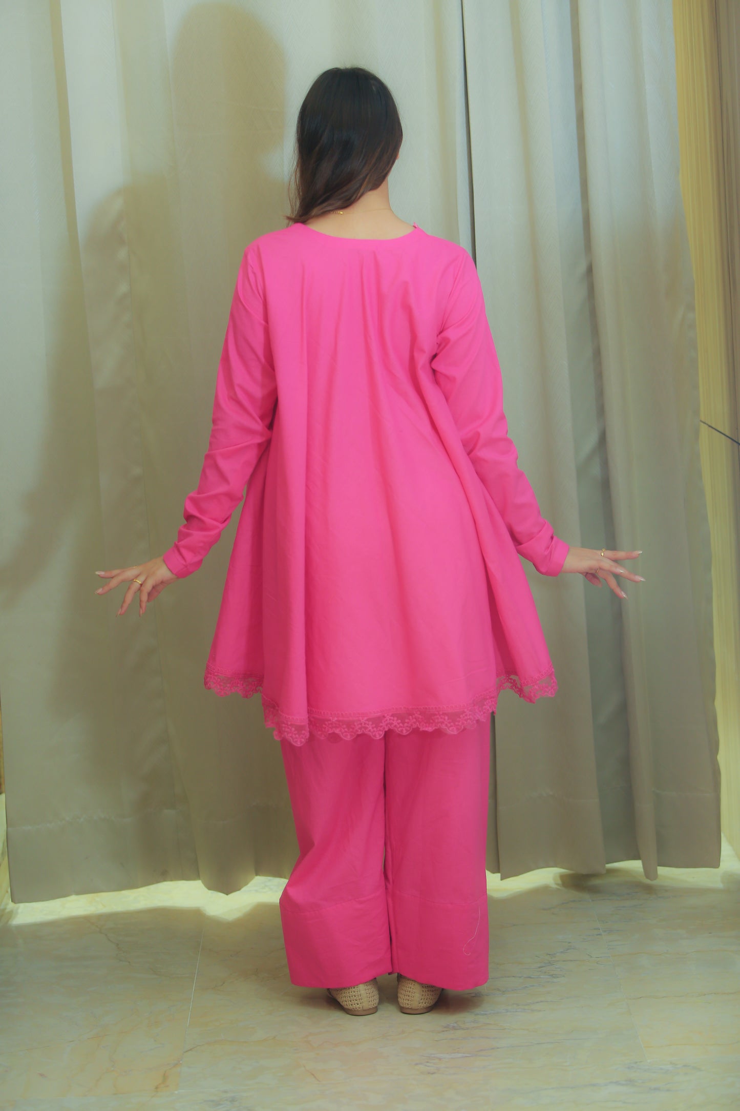 Hot Pink Flared Kurta Set for Women with Straight Trousers