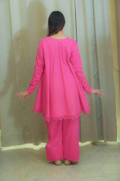 Hot Pink Flared Kurta Set for Women with Straight Trousers