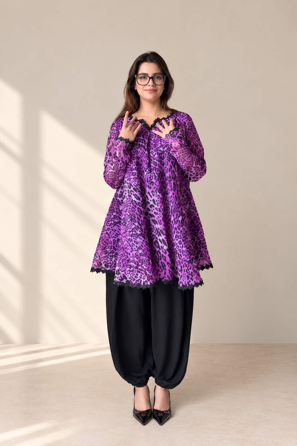 purple cheetah print kurta set