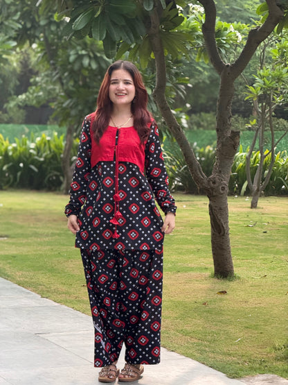 Women's Red & Black Printed Cotton Co-Ord Set | Casual Ethnic Two-Piece Outfit