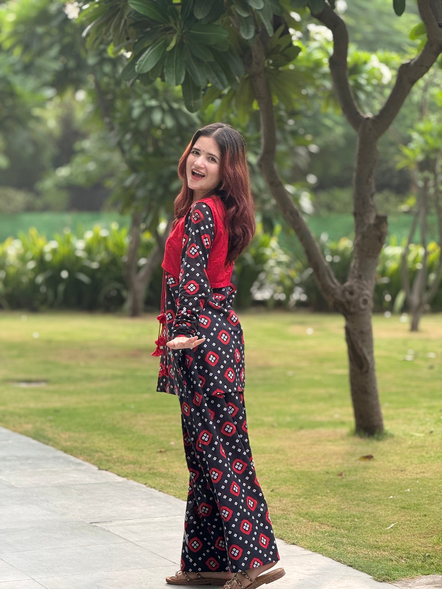 Women's Red & Black Printed Cotton Co-Ord Set | Casual Ethnic Two-Piece Outfit