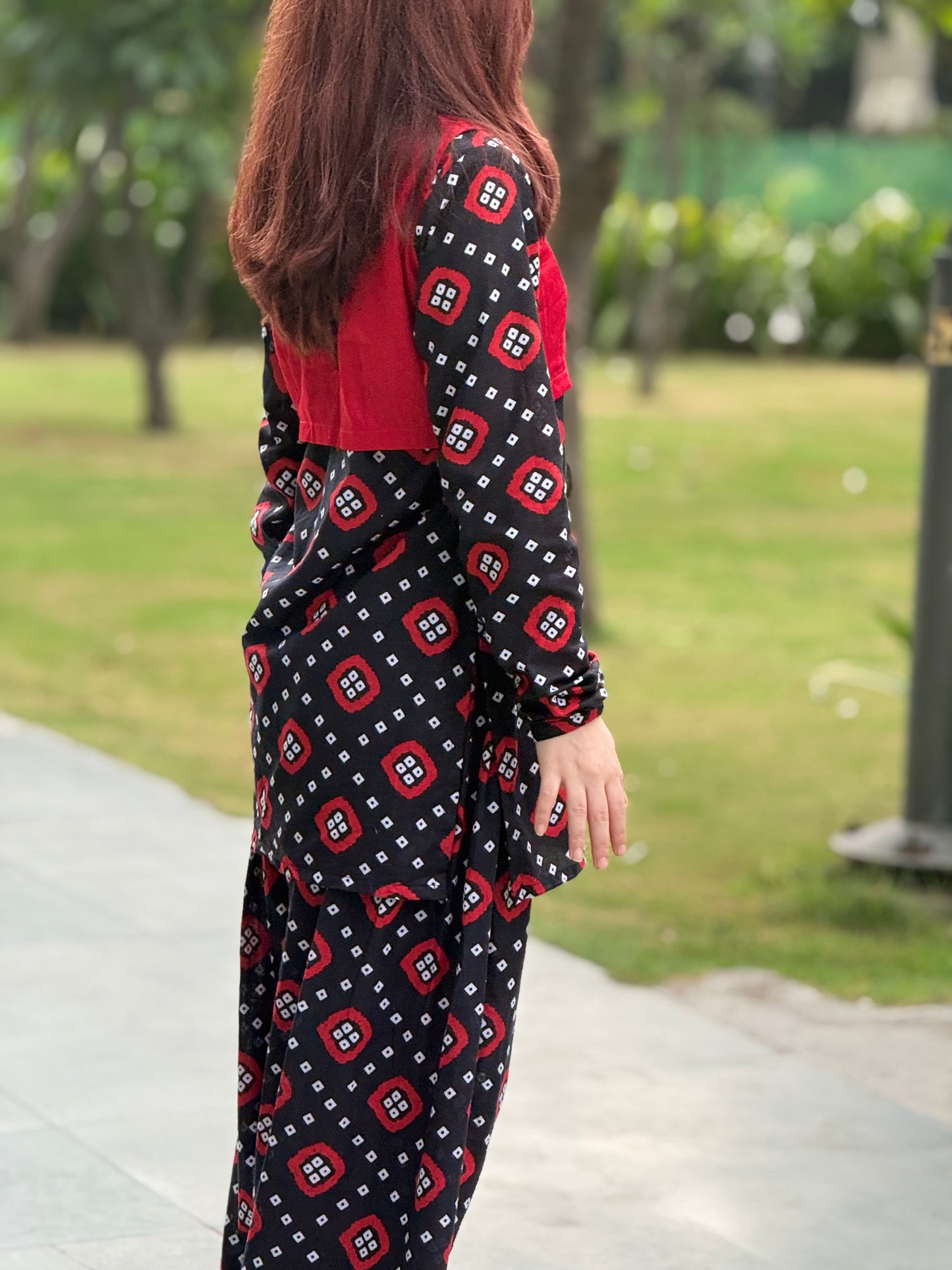 Women's Red & Black Printed Cotton Co-Ord Set | Casual Ethnic Two-Piece Outfit