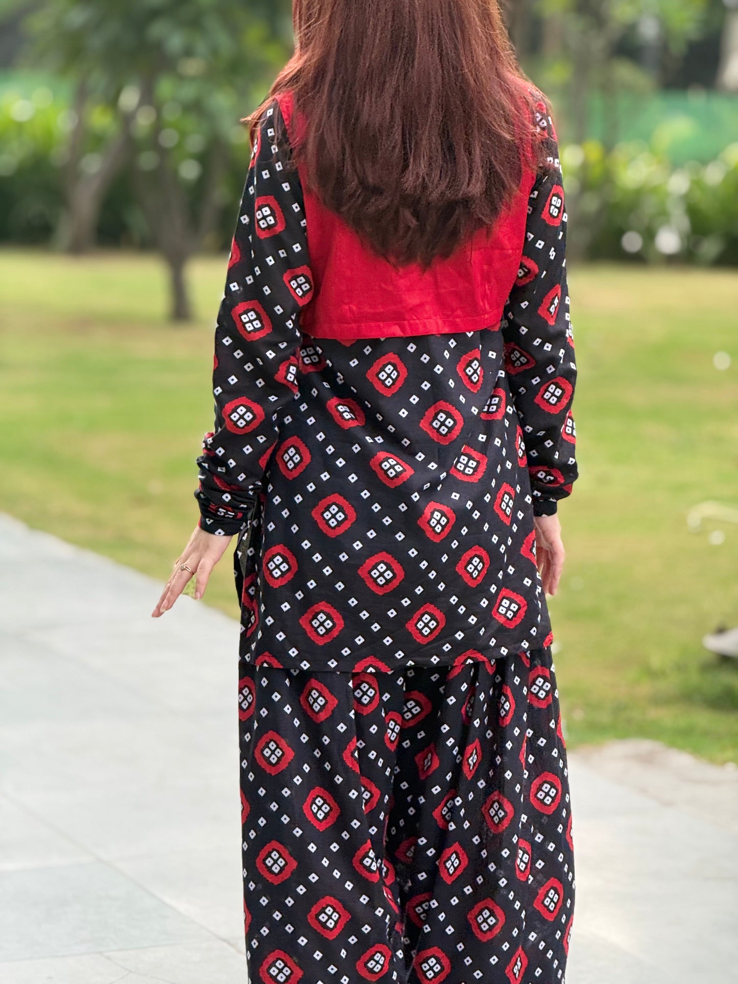 Women's Red & Black Printed Cotton Co-Ord Set | Casual Ethnic Two-Piece Outfit