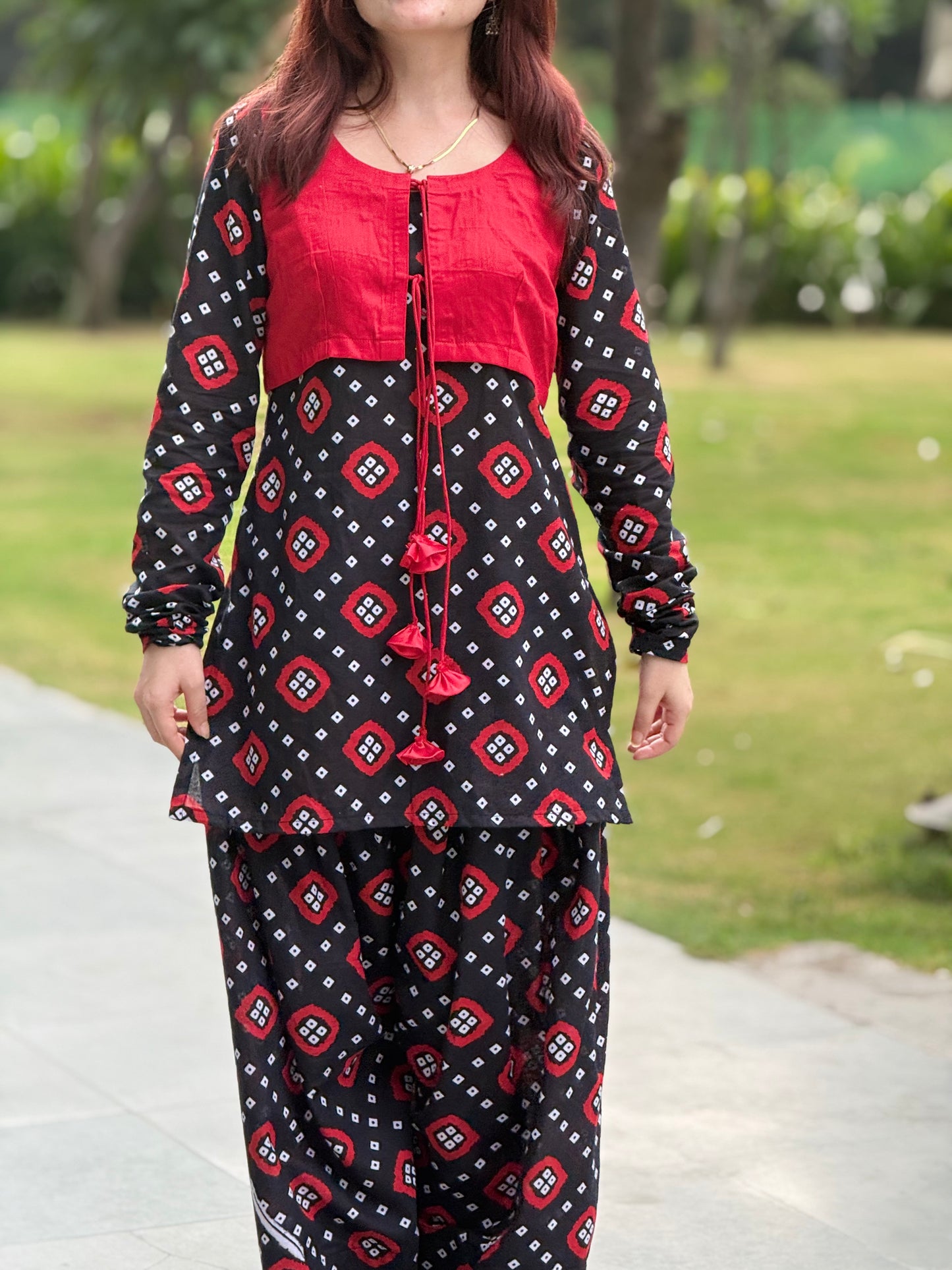 Women's Red & Black Printed Cotton Co-Ord Set | Casual Ethnic Two-Piece Outfit