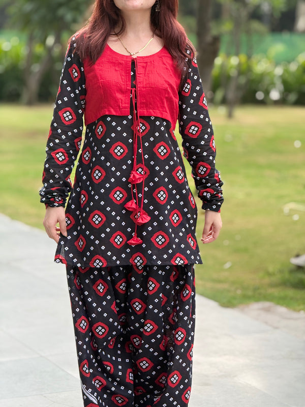 Women's Red & Black Printed Cotton Co-Ord Set | Casual Ethnic Two-Piece Outfit